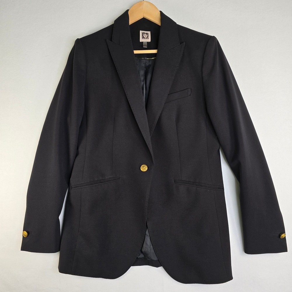 Anne Klein Black Peak Lapel Blazer Gold Crest Button Professional Office Size 6